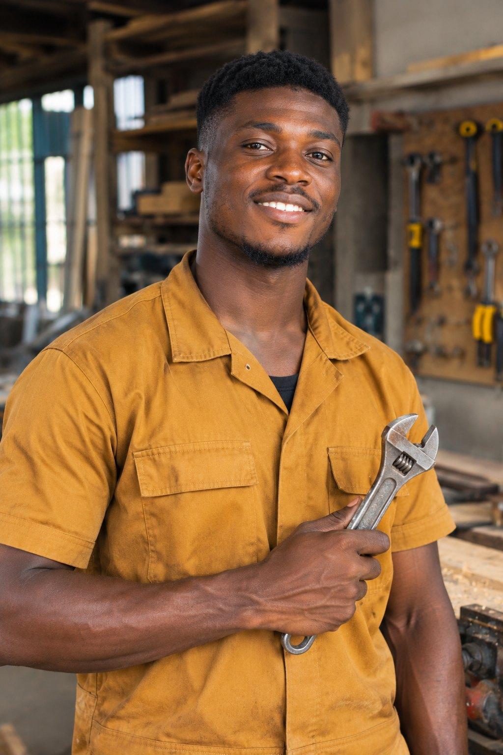 A smiling young artisan in an amber work shirt holding a wrench in a workshop
