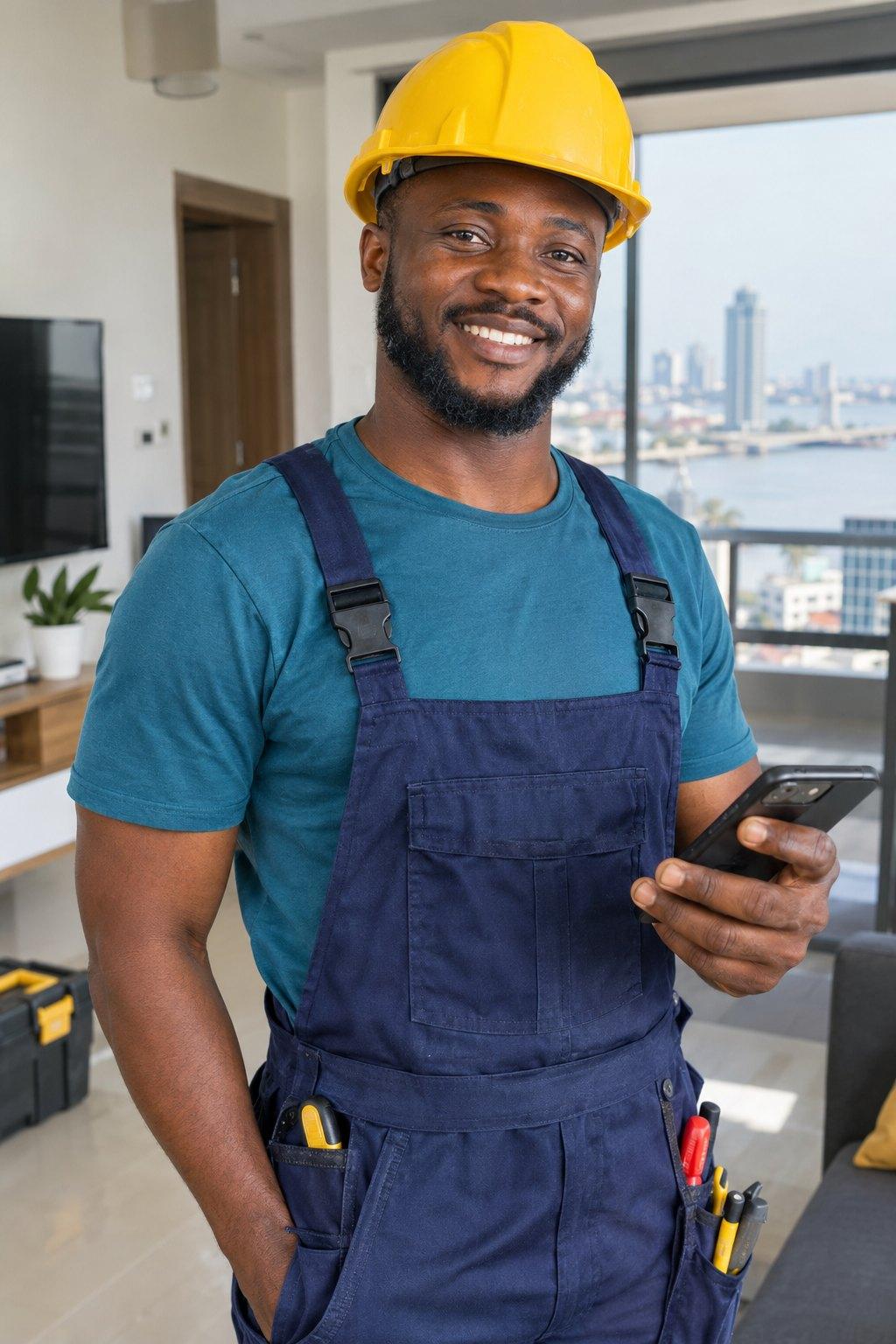 A smiling electrician in a yellow hard hat and navy overalls, holding a phone in a bright Lagos apartment